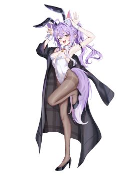 1girl animal_ears black_coat black_shoes breasts brown_pantyhose cleavage coat covered_navel fake_animal_ears fang fox_ears fox_girl fox_tail full_body ha_en hands_up hashtag-only_commentary heterochromia high_heels highres leotard long_hair looking_at_viewer open_clothes open_coat open_mouth pantyhose playboy_bunny ponytail purple_hair rabbit_ears shoes simple_background smile solo standing standing_on_one_leg stellive tail tenko_shibuki thighband_pantyhose v very_long_hair virtual_youtuber white_background white_leotard white_wrist_cuffs wrist_cuffs