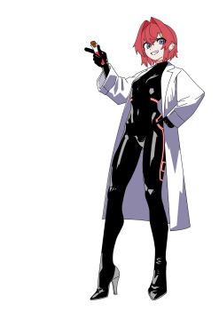 1girl absurdres alicesz0710 alternate_costume ange_katrina black_bodysuit blue_eyes bodysuit bodysuit_under_clothes breasts coat crossed_bangs earrings full_body grin hair_between_eyes hair_intakes hand_on_own_hip hand_up hashtag-only_commentary high_heel_bodysuit high_heels highres holding holding_test_tube jewelry lab_coat lapels latex latex_bodysuit long_sleeves looking_at_viewer medium_hair nijisanji notched_lapels open_clothes open_coat red_hair simple_background small_breasts smile solo test_tube virtual_youtuber white_background white_coat
