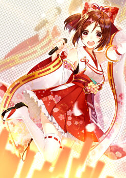 bow bowtie brown_hair commentary_request detached_sleeves domyoji_karin flower_ornament frilled_skirt frills highres idolmaster idolmaster_cinderella_girls idolmaster_cinderella_girls_starlight_stage japanese_clothes nontraditional_miko open_mouth reniirean ribbon-trimmed_thighhighs ribbon_trim short_hair skirt smile stage tassel thighhighs white_thighhighs