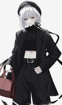 Rule 34 | 1girl, absurdres, alternate costume, bag, beret, black hat, black jacket, black pants, black ribbon, black shirt, breasts, celly (mogmog 99), closed mouth, commentary, crop top, earrings, grey background, hair ribbon, hat, highres, holding, holding bag, jacket, jewelry, long ribbon, looking at viewer, mole, mole under mouth, pants, red eyes, ribbon, sanhua (wuthering waves), shirt, short hair, simple background, single earring, small breasts, solo, turtleneck, turtleneck shirt, white hair, wuthering waves