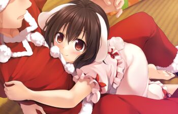 1boy 1girl animal_ears artist_self-insert bad_id bad_pixiv_id blush box brown_hair closed_mouth couple dress dutch_angle eye_contact frilled_sleeves frills gift gift_box hetero hug inaba_tewi indoors long_sleeves looking_at_another looking_up nnyara pants pink_dress pom_pom_(clothes) puffy_short_sleeves puffy_sleeves rabbit_ears red_eyes red_pants red_shirt santa_costume shirt short_hair short_sleeves smile soles tareme tatami touhou