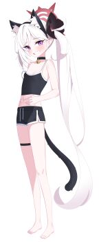 1girl 82jhin absurdres alternate_costume animal_ear_fluff animal_ears barefoot bell black_choker black_shorts black_tank_top blue_archive breasts cat_ears cat_tail choker commentary_request drawstring eyelashes fake_animal_ears fake_tail flower grin gym_shorts hair_flower hair_ornament halo hands_on_own_stomach highres korean_commentary looking_to_the_side midriff mutsuki_(blue_archive) navel neck_bell pink_eyes red_halo shorts side_ponytail simple_background small_breasts smile solo tail tank_top white_background