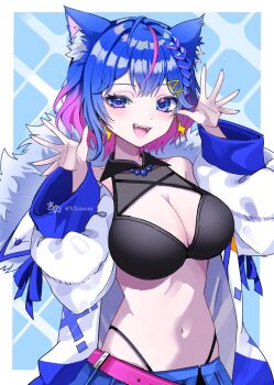 1girl animal_ear_fluff animal_ears aonagi_shino black_shirt blue_background blue_eyes blue_hair blue_nails blush border braid breasts cleavage cleavage_cutout clothing_cutout commentary_request commission cowboy_shot cropped_shirt double-parted_bangs earrings fangs fingernails fur-trimmed_jacket fur_trim gradient_hair hair_ornament hands_up highres indie_virtual_youtuber jacket jewelry large_breasts lightning_bolt_earrings lightning_bolt_symbol long_sleeves looking_at_viewer multicolored_hair nail_polish navel open_clothes open_jacket open_mouth outside_border panty_straps pink_hair shirt short_hair signature skeb_commission sleeveless sleeveless_shirt smile solo stomach streaked_hair virtual_youtuber white_border white_jacket wolf_ears wolf_girl x_hair_ornament xxcaaan