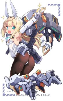 1girl :d armpits ass baselard blonde_hair blue_eyes breasts brown_pantyhose character_name commentary_request covered_navel elbow_gloves frame_arms_girl full_body gloves headgear highres karukan_(monjya) leotard long_hair looking_at_viewer mecha_musume mechanical_legs open_mouth outstretched_arm pantyhose small_breasts smile solo strapless strapless_leotard w white_gloves white_leotard white_wrist_cuffs wrist_cuffs