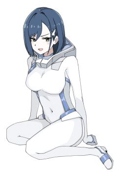 1girl blue_hair blush bodysuit breasts covered_navel darling_in_the_franxx full_body hair_between_eyes highres ichigo_(darling_in_the_franxx) large_breasts mecha_pilot_suit n_nai_nai_n open_mouth parasite_suit_(darling_in_the_franxx) short_hair sitting solo white_bodysuit yellow_eyes