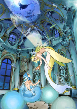 arched_window architecture archived_source artist_name bad_link blonde_hair blue_background blue_hair blue_tail bracelet breasts broken_window cathedral church cross crosshatching fins fish from_side gold_bracelet hat hatching hatching_(texture) head_fins hirai_yukio indoors jewelry latin_cross linear_hatching long_hair manta_ray medium_breasts mermaid mob_cap monster_girl muntins nude open_mouth original picture_frame profile round_window single_bracelet skylight statue sunlight underwater water wavy_hair white_tail window yellow_tail