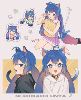 3girls :3 :d ahoge animal_ear_fluff animal_ears arms_at_sides bare_arms bare_legs bare_shoulders barefoot bell black_bow black_hoodie blonde_hair blue_bow blue_eyes blue_hair blue_tail bow braid cat_ears cat_girl cat_tail center-flap_bangs character_name chibi chibi_inset collar commentary_request cropped_torso crossed_bangs double-parted_bangs drawstring dress fang full_body glasses gradient_clothes gradient_dress gradient_hair grey_background hair_between_eyes hair_bow hair_ornament hand_up holding holding_pillow hood hoodie huge_ahoge hugging_object kemonomimi_mode long_hair long_sleeves looking_at_viewer low-braided_long_hair low-tied_long_hair low_twintails multicolored_hair multiple_girls multiple_persona neck_bell one_eye_closed open_mouth otomachi_una otomachi_una_(spicy) otomachi_una_(talkex) pillow pink_dress pink_hair pleated_dress profile puffy_long_sleeves puffy_sleeves purple_dress red-framed_eyewear red_collar rubbing_eyes semi-rimless_eyewear short_dress sideways_glance simple_background sitting skin_fang smile sparkle streaked_hair suiso_sn3 tail talkex tongue twintails two-tone_hair unworn_eyewear very_long_hair vocaloid white_hoodie white_trim yokozuwari