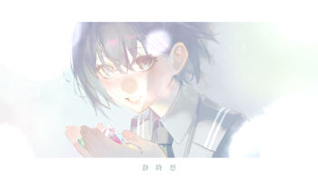 1girl bang_dream! bang_dream!_it's_mygo!!!!! blush brown_eyes commentary gem grey_hair grey_jacket hair_between_eyes hands_up highres jacket kouhiipan open_mouth shirt solo takamatsu_tomori white_shirt