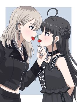 2girls ahoge arms_behind_back awa_subaru black-framed_eyewear black_choker black_hair black_jacket blush cherry choker commentary ear_piercing earrings food fruit girls_band_cry grey_eyes grey_hair grey_nails hand_on_another's_chin highres jacket jewelry kawaragi_momoka linked_piercing long_hair multicolored_hair multiple_girls nail_polish navel open_mouth piercing purple_eyes roots_(hair) shared_food sidelocks xiaoyu_(xiaoyu0308) yuri
