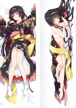 1girl barefoot bed_sheet bishoujo_mangekyou bishoujo_mangekyou:_kotowari_to_meikyuu_no_shoujo bishoujo_mangekyou_(series) black_hair black_kimono breasts cleavage closed_mouth dakimakura_(medium) floral_print flower from_above green_eyes hair_intakes hair_ribbon hairband japanese_clothes kimono long_hair long_sleeves looking_at_viewer lying medium_breasts moeanime navel obi on_back on_side open_clothes open_kimono parted_lips print_kimono red_flower red_ribbon red_rose renge_(bishoujo_mangekyou) ribbon rose sarashi sash smile socks solo split_screen very_long_hair white_socks