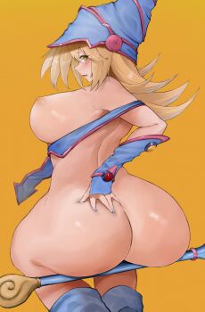1girl ass blonde_hair boots breasts dark_magician_girl detached_sleeves duel_monster female_focus green_eyes hand_on_own_ass hat kataku_musou knee_boots large_breasts light_blush long_hair nipples open_mouth shiny_skin simple_background sitting thighs wand wizard_hat yu-gi-oh!