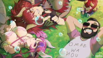 Rule 34 | 1boy, 2girls, ahoge, arms behind head, blowing bubbles, breasts, character request, cleavage, closed mouth, commentary, copyright request, demon girl, demon horns, dragon girl, dragon horns, epebe, fingerless gloves, gecko zen, gloves, hair ornament, hashtag-only commentary, heart, heart ahoge, heart hair ornament, highres, horns, ironmouse, ironmouse (15th costume), large breasts, looking at viewer, lying, multicolored hair, multiple girls, on back, one eye closed, own hands together, pink hair, pointy ears, purple eyes, purple streaks, red hair, red shirt, shirt, smile, streaked hair, virtual youtuber, vshojo, yellow eyes, zentreya, zentreya (cyborg), zentreya (cyborg) (1st costume)