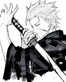 1boy arms_up blood blood_on_face closed_mouth cropped_torso devil_may_cry_(series) greyscale hair_slicked_back highres holding holding_sword holding_weapon katana long_sleeves male_focus monochrome short_hair simple_background sketch solo sword utopia_87115256 vergil_(devil_may_cry) weapon white_background wide_sleeves yamato_(sword)
