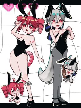 2girls absurdres alternate_costume animal_ears black_leotard drill_hair grey_hair highres kasane_teto leotard long_hair multiple_girls open_mouth pantyhose playboy_bunny rabbit_ears rabbit_tail red_eyes red_hair strapless strapless_leotard tail twin_drills utau very_long_hair vocaloid yano_0o0 yowane_haku