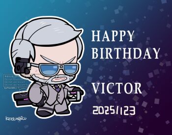 1boy :3 beard character_name chibi chibi_only collared_shirt commentary_request connected_beard dated facial_hair full_body gradient_background grey_hair grey_jacket grey_pants happy_birthday jacket kotorai male_focus necktie pants purple_necktie shirt short_hair signature solo sunglasses tekken tekken_8 victor_(tekken) watermark