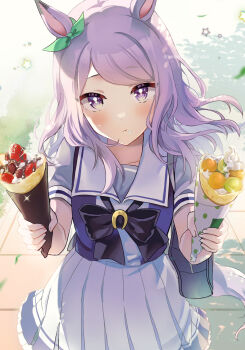 1girl anbutter_siruko animal_ears aqua_bow backlighting bag black_bag blush bow bowtie closed_mouth collarbone commentary_request cream cream_on_face crepe ear_bow ear_ribbon eating food food_on_face fruit highres holding holding_crepe holding_food horse_ears horse_girl horse_tail horseshoe_ornament ice_cream_crepe long_hair looking_at_viewer mejiro_mcqueen_(umamusume) pleated_skirt puffy_short_sleeves puffy_sleeves purple_bow purple_bowtie purple_eyes purple_hair purple_shirt sailor_collar sailor_shirt school_uniform shirt short_sleeves shoulder_bag skirt solo star_(symbol) strawberry swept_bangs tail tracen_school_uniform umamusume white_sailor_collar white_skirt