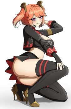 1girl absurdres ass black_tube_top breasts burnice_white burnice_white_(cosplay) cosplay daydarion gradient_hair highres hololive hololive_english large_breasts multicolored_hair orange_hair purple_eyes scene_reference spiked_belt spiked_jacket strapless takanashi_kiara tube_top virtual_youtuber