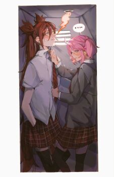 2girls black_thighhighs blush clothes_grab commentary diagonal-striped_clothes diagonal-striped_necktie giving_up_the_ghost grey_jacket hair_between_eyes hands_in_pockets in_locker jacket jinx_(league_of_legends) kid_sppinarl league_of_legends long_hair long_sleeves lux_(league_of_legends) multiple_girls necktie necktie_grab neckwear_grab open_mouth pink_hair plaid_clothes plaid_skirt purple_eyes red_hair red_necktie red_skirt short_hair skirt star_guardian_(league_of_legends) star_guardian_jinx star_guardian_lux striped_clothes thighhighs twintails yuri zettai_ryouiki