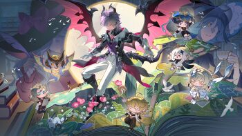 2girls 4boys absurdres aether_(genshin_impact) albedo_(genshin_impact) alice_(genshin_impact) aqua_eyes black_coat black_jacket black_shirt blonde_hair chibi coat commentary dragon_horns dragon_wings flower genshin_impact gloves guaisanmu hair_flower hair_ornament hat highres holding holding_sword holding_weapon horns jacket long_hair lumine_(genshin_impact) mini_durin_(dragon)_(genshin_impact) mini_durin_(genshin_impact) mini_durin_(human)_(genshin_impact) multiple_boys multiple_girls paimon_(genshin_impact) pants pink_hair purple_vest scaramouche_(genshin_impact) shirt sword symbol-only_commentary vest wanderer_(genshin_impact) weapon white_gloves white_hair white_pants wings yellow_eyes