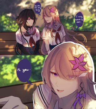 Rule 34 | 2girls, black hair, black shirt, brown hair, commentary, english text, fang, flower, green eyes, green hair, hair flower, hair ornament, herta (honkai: star rail), highres, honkai: star rail, honkai (series), layered shirt, long sleeves, multicolored hair, multiple girls, neckerchief, on bench, open mouth, purple eyes, purple flower, red neckerchief, ruan mei (honkai: star rail), sailor collar, shirt, sitting, smile, streaked hair, turtleneck, turtleneck shirt, two-tone hair, watashi wo tabetai hitodenashi, white sailor collar, white shirt, xilyks, yuri