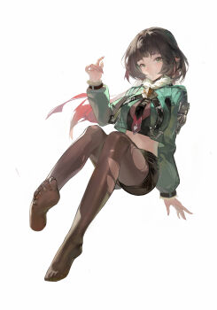 1girl 778_(fan7) absurdres animal_ears black_hair black_necktie black_shorts commentary_request feet full_body fur-trimmed_jacket fur_trim green_eyes grey_jacket high-waist_shorts highres jacket jane_doe_(zenless_zone_zero) long_hair looking_at_viewer mouse_ears mouse_girl multicolored_hair necktie no_tail pantyhose parted_lips red_hair red_necktie see-through_clothes shorts simple_background single_leg_pantyhose single_thighhigh solo thighhighs torn_clothes torn_pantyhose torn_thighhighs two-tone_necktie white_background zenless_zone_zero