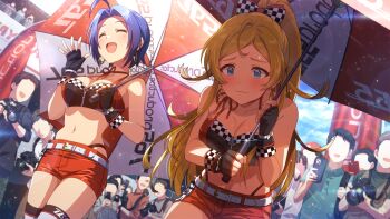2girls 6+boys :d ^_^ ahoge bikini black_gloves blonde_hair blue_eyes blue_hair blush breasts card_commentary cleavage closed_eyes closed_mouth commentary_request crowd day earrings embarrassed fingerless_gloves game_asset gloves holding holding_umbrella idolmaster idolmaster_(classic) idolmaster_million_live! idolmaster_million_live!_theater_days jewelry leaning_forward long_hair medium_breasts miura_azusa multiple_boys multiple_girls navel official_alternate_hairstyle official_art open_mouth outdoors ponytail race_queen red_shorts shinomiya_karen short_hair shorts smile standing swimsuit thighhighs third-party_source umbrella wavy_mouth white_bikini