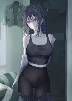 1girl absurdres black_hair black_pantyhose black_tank_top blue_hair closed_mouth cowboy_shot expressionless gluteal_fold haru_(haru83380282) high-waist_pantyhose highres ichinose_uruha indoors medium_hair multicolored_hair pantyhose pleated_skirt purple_eyes skirt solo streaked_hair tank_top undressing virtual_youtuber vspo!