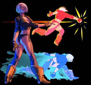 1girl action angel_(kof) ass blue_eyes boots breasts curvy from_behind from_side huge_breasts jacket large_breasts leather looking_at_viewer pale_skin panties short_hair smile smiley_face the_king_of_fighters thick_thighs thighs toned toned_female underwear white_hair xavisketch