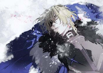 1boy armor black_armor black_fur blonde_hair blue_cape breastplate cape closed_eyes commentary_request dimitri_alexandre_blaiddyd dimitri_alexandre_blaiddyd_(timeskip) dutch_angle eyelashes eyepatch fire_emblem fire_emblem:_three_houses hair_behind_ear hair_between_eyes highres lying male_focus nintendo on_back one_eye_covered parted_bangs snow snowing solo tsukimura_noe upper_body white_fur