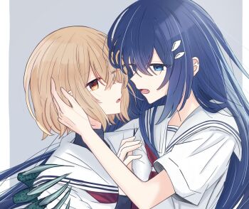 2girls blue_eyes blue_hair brown_eyes brown_hair claws commentary eye_contact fang grey_background hair_ornament hand_on_another's_face highres lilxy_z1y looking_at_another multiple_girls open_mouth oumi_shiori sailor_collar school_uniform serafuku shirt short_hair simple_background watashi_wo_tabetai_hitodenashi white_sailor_collar white_shirt yaotose_hinako yuri