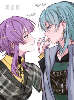 2girls applying_makeup bang_dream! bang_dream!_it&#039;s_mygo!!!!! black_ribbon black_shirt blue_eyes blue_hair blue_nails blush character_age chinese_text hero45439083942 highres linked_piercing medium_hair multiple_girls nail_polish neck_ribbon original piercing purple_hair queen_(band) ribbon shirt takamatsu_shizuku translation_request wakaba_muna yellow_eyes yellow_shirt