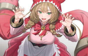 1girl animal_ear_hood animal_ears animal_hood blush braid breasts brown_hair cat_hood corset cosmic_break fake_animal_ears fang fang_out fangs green_eyes hood large_breasts maisie_carmine open_mouth pallad twin_braids wolf wolf_ears