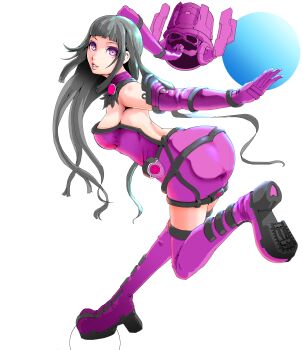 1girl absurdres animification backless_dress backless_outfit bare_shoulders black_hair boots breasts dress earth_(planet) elbow_gloves full_moon fur_trim galacta giant giantess gloves headpiece helm helmet high_heel_boots high_heels highres holding holding_unworn_helmet large_breasts leg_up lipstick long_hair looking_at_viewer makeup marvel miniskirt moon oretex planet platform_boots purple_boots purple_eyes purple_gloves short_dress sideboob sidelocks skirt solo space strapless strapless_dress thigh_boots unworn_headwear unworn_helmet