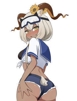 Rule 34 | 1girl, @ @, absurdres, animal ears, arknights, arutemisu180, ass, beeswax (arknights), blue sailor collar, blush, brown horns, commentary, commission, cowboy shot, crop top, crossed bangs, curled horns, dark-skinned female, dark skin, embarrassed, english commentary, flower, from behind, grabbing own ass, grey hair, grey tail, hair between eyes, highres, horns, looking at viewer, looking back, median furrow, micro shorts, orange horns, sailor collar, shirt, short hair, short sleeves, shorts, simple background, solo, standing, tail, tied shirt, turning head, wavy mouth, white background, white shirt, yellow flower