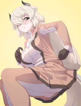 1girl absurdres alternate_costume animal_ears black_eyes blush commentary_request cow_ears cow_girl cow_tail gloves grey_hair hair_over_one_eye highres horns jersey kemono_friends long_hair looking_at_viewer lowlandgorilla pantyhose simple_background skirt solo springbok_(kemono_friends) tail yak_(kemono_friends) yellow_background