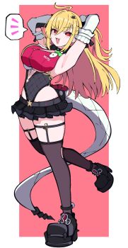 Rule 34 | 1girl, ahoge, armpits, bare shoulders, black shoes, black skirt, blonde hair, blush, border, breasts, brown thighhighs, chalky (zenless zone zero), cissia (zenless zone zero), collar, detached sleeves, hair between eyes, hair ornament, hairclip, highres, large breasts, long hair, looking at viewer, miniskirt, open mouth, pink background, pom pom (clothes), pom pom hair ornament, red eyes, shoes, simple background, skirt, snake, snake girl, snake tail, spoken notice lines, tail, thighhighs, underboob, white border, white snake, yuntaro (ramen star), zenless zone zero
