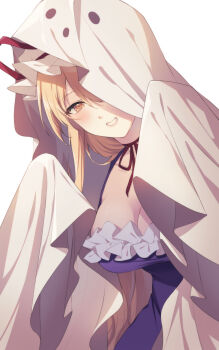 1girl alternate_costume blonde_hair blush breasts choker cleavage commentary dress english_commentary ghost_pose grin halloween_costume hat hat_ribbon highres kirisita large_breasts long_hair looking_at_viewer mob_cap purple_dress purple_eyes red_ribbon ribbon ribbon_choker sheet_ghost simple_background smile solo touhou very_long_hair white_background yakumo_yukari yellow_eyes