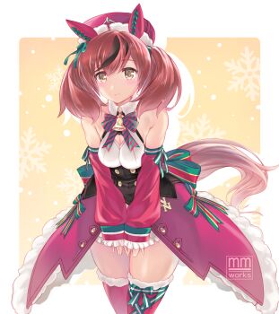 1girl absurdres animal_ears bare_shoulders black_corset blush bow breasts brown_eyes brown_hair cleavage cleavage_cutout clothing_cutout collarbone corset detached_sleeves ear_bow ear_covers ear_ribbon green_bow hat highres horse_ears horse_girl horse_tail juusensha_koubou looking_at_viewer medium_breasts medium_hair multicolored_hair nice_nature_(umamusume) parted_lips red_bow red_hat red_skirt red_sleeves red_thighhighs shirt skirt smile solo streaked_hair tail thighhighs twintails umamusume white_shirt