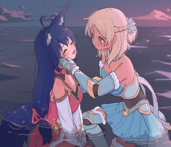 Rule 34 | absurdres, animal ears, armored boots, blonde hair, blue eyes, boots, braid, commission, commissioner upload, crown braid, fox ears, fox girl, fox tail, gauntlets, hand on another's cheek, hand on another's face, highres, jin (jinkwon1147), juniper (sakura fox adventure), mikoto (sakura fox adventure), non-web source, ocean, off shoulder, sakura fox adventure, sitting on water, smile, tail, tears, wet, wet clothes, yuri