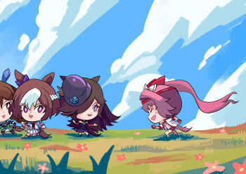 Rule 34 | 4girls, absurdres, animal ears, bandaid, bandaid on leg, bare shoulders, big head, black gloves, black thighhighs, blue dress, blue flower, blue hat, blue rose, blue sky, blush, bow, braid, brown hair, buruma, chibi, closed eyes, cloud, dress, ear bow, ear covers, ear ribbon, fascinator, fingerless gloves, flipped hair, flower, fur choker, gloves, green dress, hair over one eye, hairband, haru urara (bestest prize) (umamusume), haru urara (umamusume), hat, hat flower, headband, highres, horse ears, horse girl, horse tail, jacket, king halo (king of emeralds) (umamusume), king halo (umamusume), long hair, long sleeves, multicolored hair, multiple girls, off-shoulder dress, off shoulder, open mouth, pink hair, pink headband, ponytail, purple bow, purple eyes, red buruma, red eyes, red gloves, red headband, rice shower (rosy dreams) (umamusume), rice shower (umamusume), rose, scribbleguy6, shirt, short hair, short sleeves, skirt, sky, smile, socks, special week (special dreamer) (umamusume), special week (umamusume), striped clothes, striped socks, tail, thighhighs, tilted headwear, two-tone hair, umamusume, white hair, white jacket, white shirt, white skirt