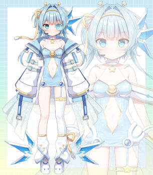 1girl bare_shoulders blue_dress blue_eyes blue_hair breasts closed_mouth collarbone commentary_request covered_navel dress hair_intakes hairband headset jacket jelly_hoshiumi long_hair long_sleeves loose_socks mauve multiple_views official_art open_clothes open_jacket phase_connect platform_shoes scouter see-through_clothes shoes single_thighhigh sleeves_past_fingers sleeves_past_wrists small_breasts smile socks star_(symbol) star_in_eye symbol_in_eye textless_version thighhighs twitter_username virtual_youtuber white_background white_jacket white_shoes white_socks white_thighhighs yellow_hairband zoom_layer