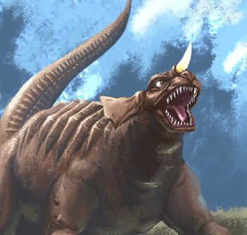 Rule 34 | all fours, baragon (godzilla), brown eyes, crossover, day, dinosaur, floppy ears, frankenstein, frankenstein vs. baragon, giant, giant monster, glowing, glowing horns, godzilla (series), horns, kaiju, monster, nasal horn, no humans, nyoruniru, open mouth, roaring, sharp teeth, single horn, tail, tail raised, teeth, toho, tongue