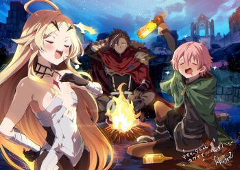 1girl 2boys alcohol blonde_hair blush bodysuit breasts brown_hair campfire cloak closed_eyes collarbone commentary covered_navel dagger drinking drunk english_commentary fang forbartz_xylo fuku_kitsune_(fuku_fox) gauntlets gloves highres knife long_hair luzulas_dotta multiple_boys multiple_girls official_art open_mouth petite pink_hair red_cloak ruins scarf short_hair sitting small_breasts smug teoritta very_long_hair weapon yuushakei_ni_shosu zipper_pull_tab