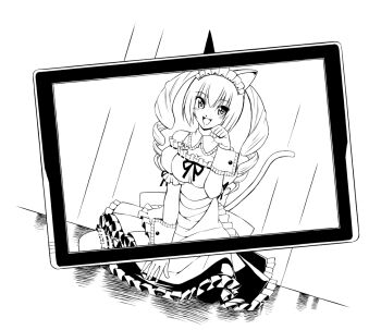 1girl akiha_rumiho animal_ear_hairband animal_ears apron black_skirt blush breasts buttons cat_ears cat_tail cleavage collar commentary_request dress drill_hair eibon fake_animal_ears frilled_collar frilled_dress frilled_hairband frilled_skirt frills greyscale hair_between_eyes hairband long_hair long_skirt maid maid_apron maid_headdress mayqueen_maid_uniform medium_breasts monochrome open_mouth paw_pose puffy_short_sleeves puffy_sleeves robotics;notes science_adventure short_sleeves skirt smile solo steins;gate tablet_pc tail tongue tsurime twin_drills twintails white_apron white_dress wrist_cuffs