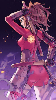 Rule 34 | 1girl, armor, ass, bodysuit, breasts, brown hair, commentary request, embers, from behind, glint, gradient background, highres, holding, holding sword, holding weapon, japanese armor, kusazuri, medium breasts, natsu (soulcalibur), purple background, red bodysuit, sheath, sheathed, smile, smoke, solo, soul calibur, soulcalibur, soulcalibur v, sword, teeth, v-shaped eyebrows, weapon, yagi2013