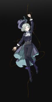 1girl absurdres arm_up ascot black_background black_boots black_coat black_hat black_pants black_vest blue_bow boater_hat boots bow clenched_hand coat collared_shirt commission freckles full_body grey_eyes grey_hair hair_bun hashtag-only_commentary hat hat_bow highres kuruma1892 leg_up looking_up pants parted_lips reverse:1999 sample_watermark shirt short_hair single_side_bun solo string unworn_hat unworn_headwear vertin_(reverse:1999) vest waistcoat watermark white_ascot white_shirt