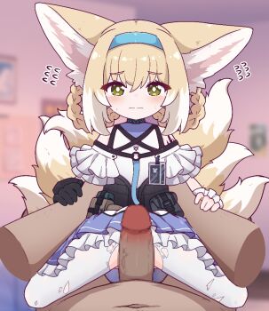 1boy 1girl ^^^ age_difference animal_ear_fluff animal_ears arknights bedroom black_gloves blonde_hair blue_dress blue_hairband blush braid censored clothed_female_nude_male cowgirl_position disembodied_hand dress fox_ears fox_girl fox_tail frilled_dress frilled_skirt frills gloves grabbing_another's_arm green_eyes hair_between_eyes hairband hetero id_card imminent_penetration imminent_vaginal indoors infection_monitor_(arknights) kitsune kurotofu large_ears loli looking_at_viewer material_growth medium_hair mosaic_censoring multicolored_hair multiple_tails navel nervous nervous_sweating no_panties nude off-shoulder_dress off_shoulder oripathy_lesion_(arknights) pantyhose penis pouch pov pov_crotch rope rottenduck shimenawa size_difference skirt straddling suzuran_(arknights) sweat tactical_clothes tail torn_clothes torn_pantyhose two-tone_hair variant_set waist_grab white_fur white_hair white_pantyhose
