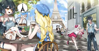 1boy 5girls abby_(wuthering_waves) ahoge bare_shoulders beret black_hair black_pants black_skirt blue_hat blue_shirt blue_sky bow braid breasts carlotta_(wuthering_waves) cartethyia_(wuthering_waves) commentary_request day eiffel_tower female_rover_(wuthering_waves) grey_hair hair_bow hand_in_pocket hand_up hat highres long_hair low_twin_braids male_rover_(wuthering_waves) medium_breasts multiple_girls open_mouth outdoors pants phoebe_(wuthering_waves) pink_bow pink_skirt rover_(wuthering_waves) shirt shitsu_(kurikaesi) skirt sky smile tacet_mark_(wuthering_waves) twin_braids white_shirt wuthering_waves yellow_eyes zani_(wuthering_waves)