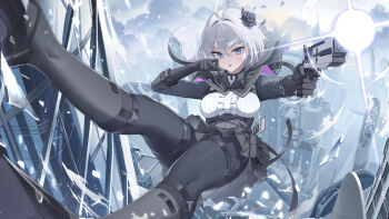 1girl absurdres black_capelet black_flower black_gloves black_pantyhose black_petals black_rose black_skirt blue_eyes breasts broken_glass capelet center_frills chaos_zero_nightmare chest_harness cityscape commentary_request elbow_gloves flower frills glass gloves gun hair_between_eyes harness high-waist_skirt highres holding holding_weapon long_hair_between_eyes looking_at_viewer medium_breasts midair pang-yo pantyhose parted_lips petals renoa_(chaos_zero_nightmare) rose shirt short_hair skirt solo thighs weapon white_hair white_shirt