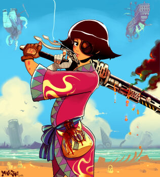 1girl absurdres aircraft airship bandaged_arm bandages beach black_eyes black_hair brown_gloves bruise cigarette cigarette_holder commentary day dieselpunk english_commentary eyelashes eyepatch female_focus fingerless_gloves flipped_hair from_side gloves highres huge_filesize huge_weapon injury looking_at_viewer maghera_(sangria_project) maku_zoku ocean one-eyed over_shoulder sangria_project single_glove smoke smoking solo standing steampunk trigger weapon weapon_over_shoulder